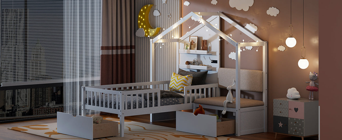 Twin Size House Bed with Upholstered Sofa and Charging Station