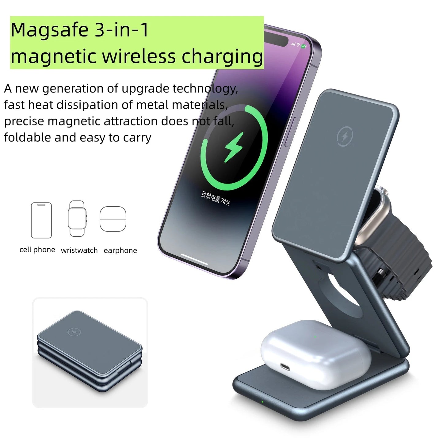 Cargador Inalámbrico Magnético Plegable 3 en 1 Premium