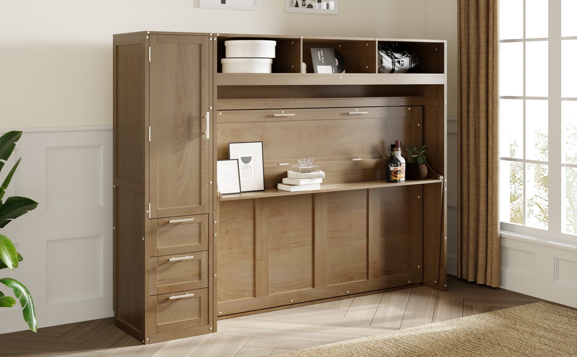 Full Size Murphy Bed with Wardrobe, Drawers and Open Shelves, Antique Grey - Korvel
