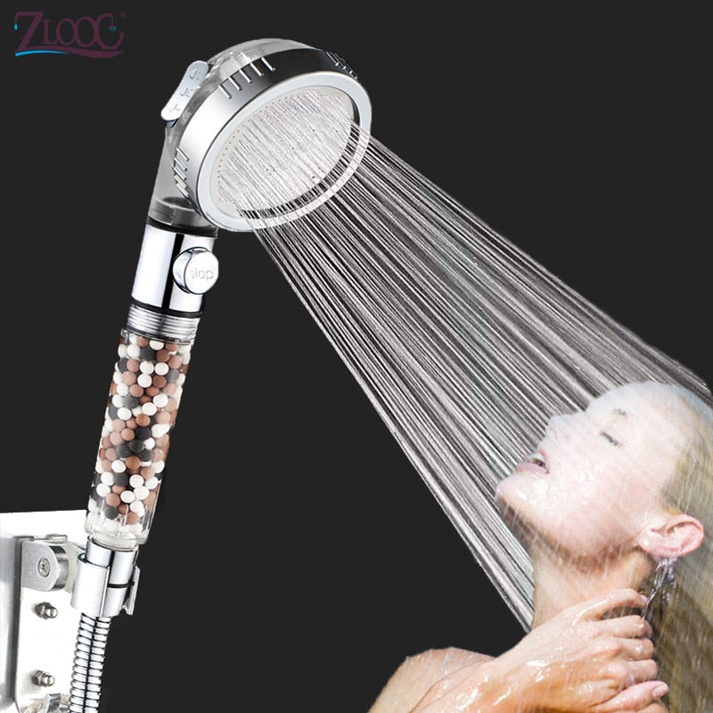 New Tourmaline balls Filter Shower Head Water saving 3 Modes adjustable SPA shower head on/off button high pressure shower - Korvel