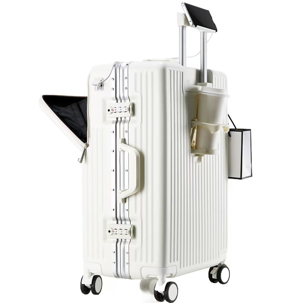 Premium Front-Opening Checked Suitcase with Aluminum Frame