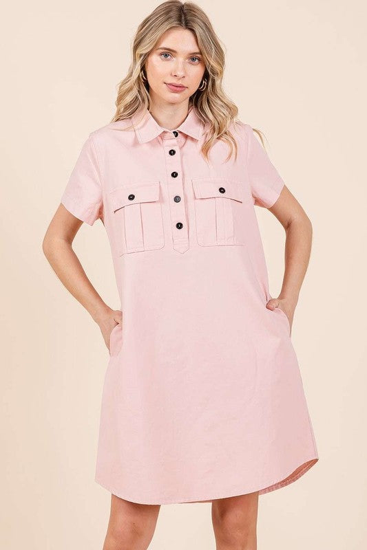 Vestido de Camisa de Manga Corta con Cuello y Detalle de Botones para Mujeres