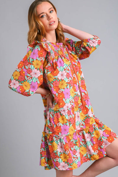 Ruffled Flower Print Tie Neck Tiered Dress for Women