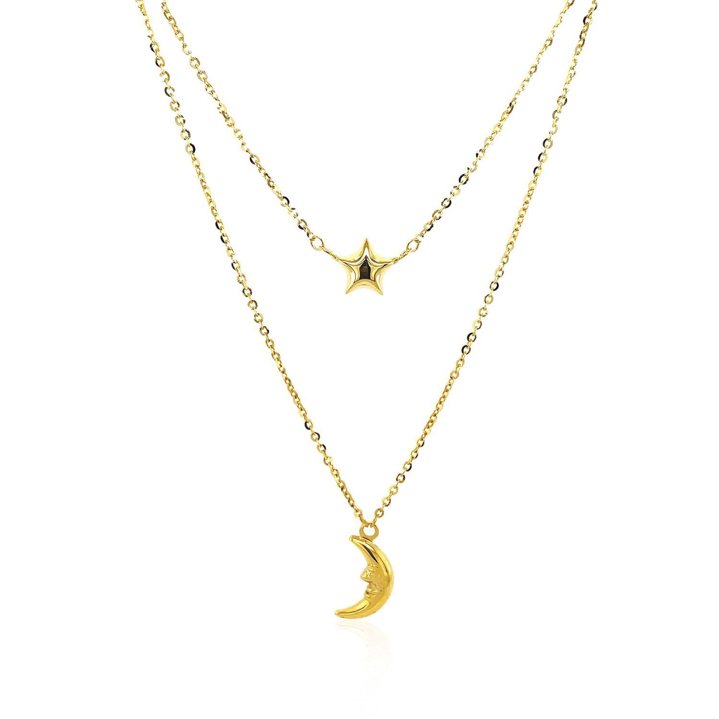 14k Yellow Gold Double-Strand Chain Necklace with Moon and Star