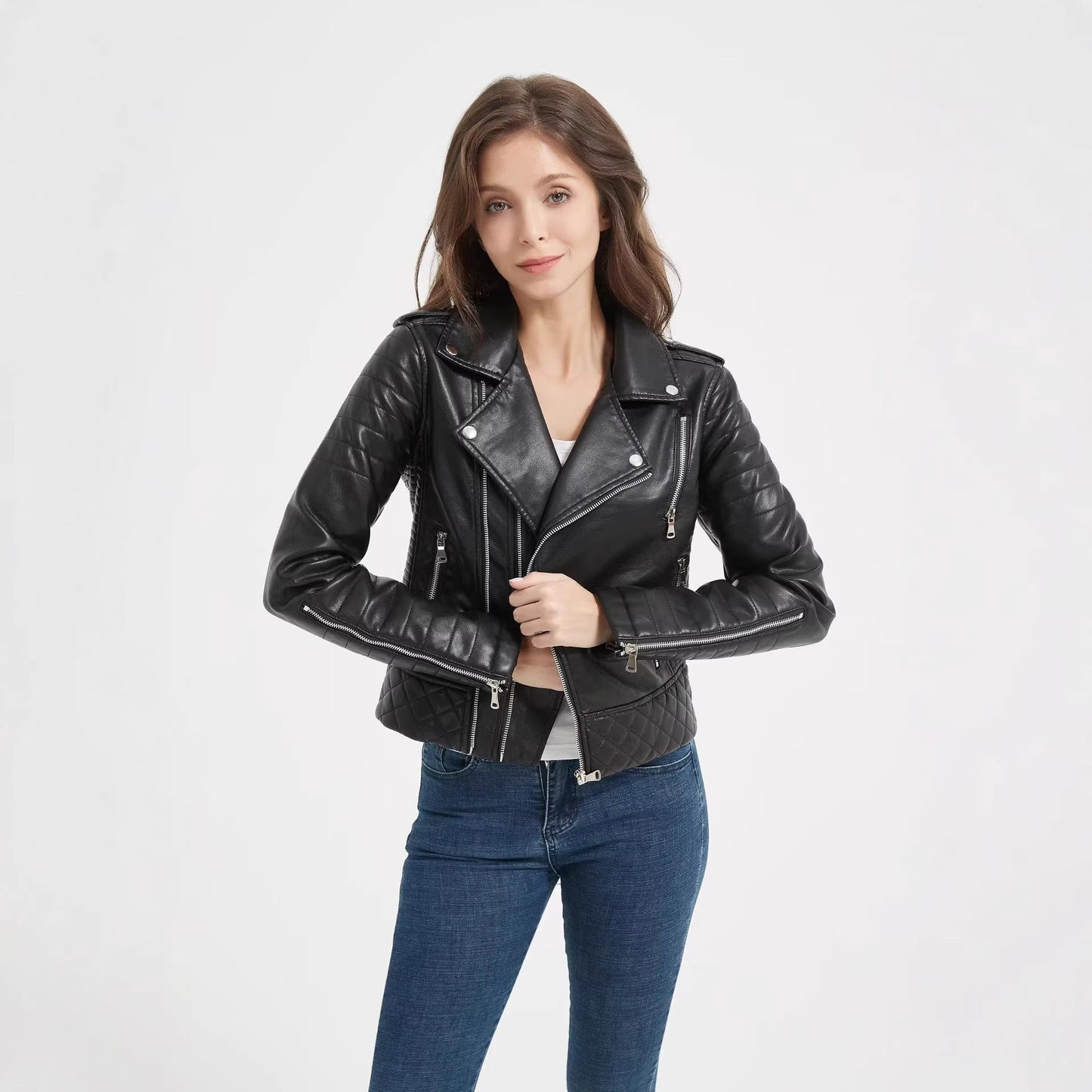Chaqueta Bomber de Cuero PU con Cuello Caído Premium para Mujeres