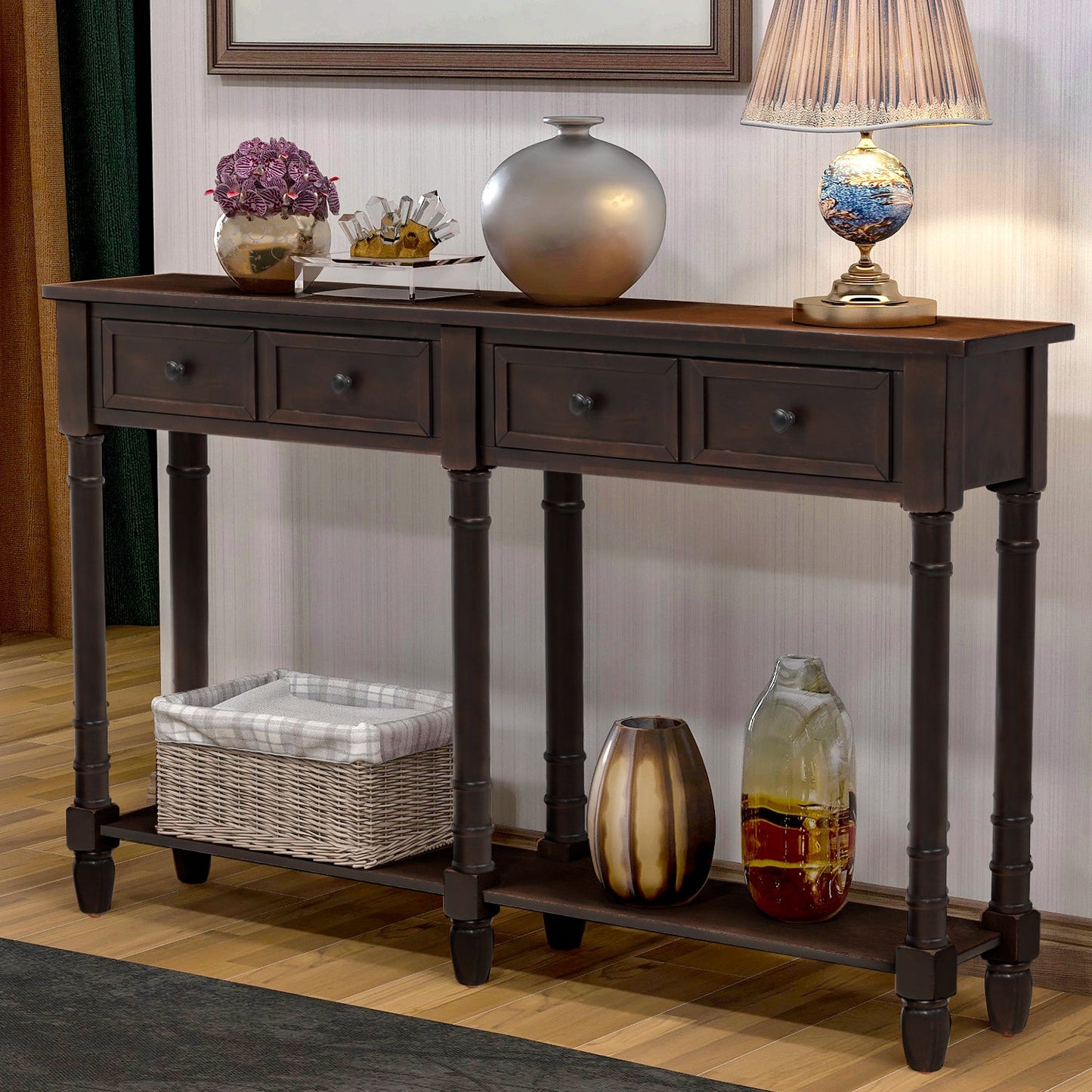 TREXM Espresso Console Table with Storage Drawers
