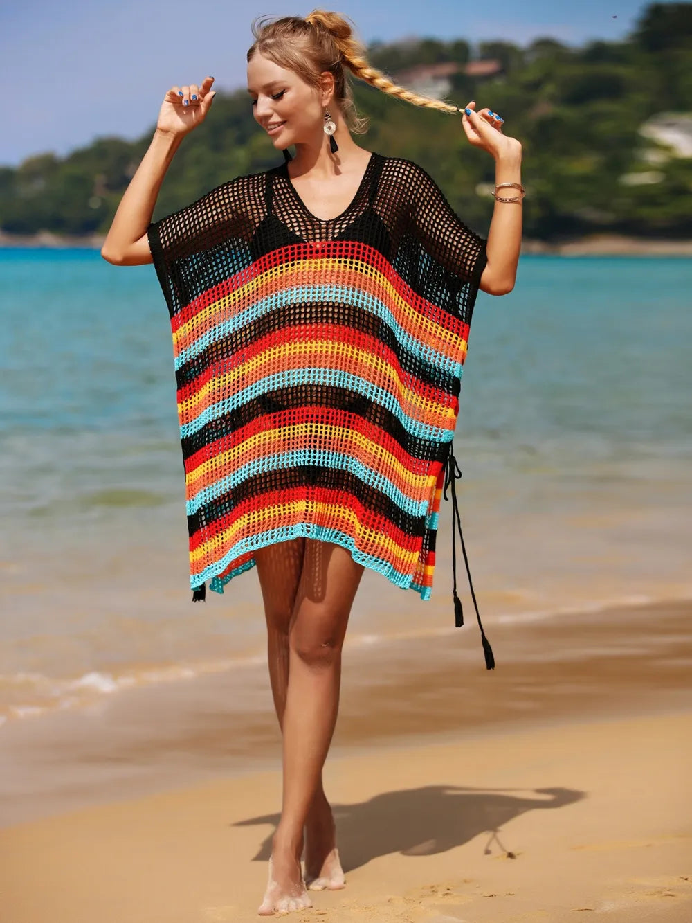 Cutout Striped Cover-Up with Tassel - Korvel