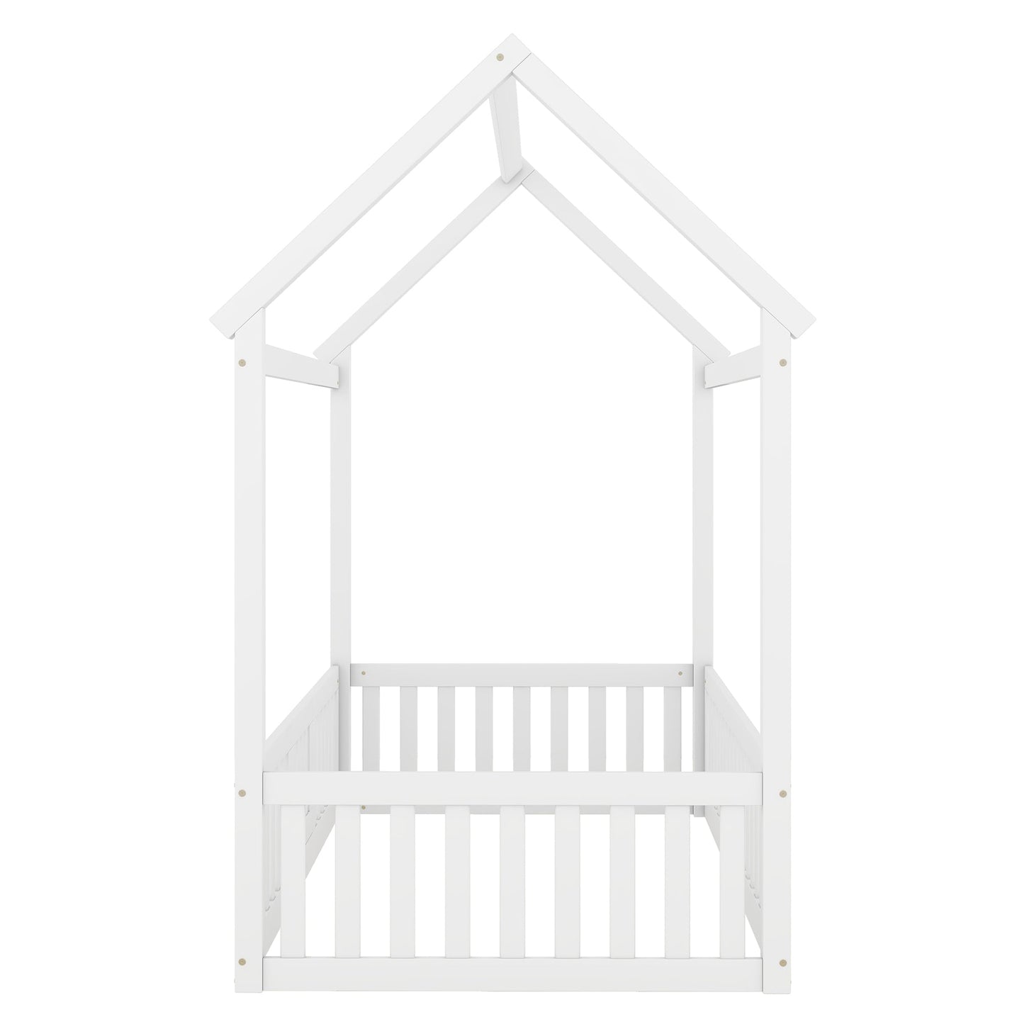 Twin Size Wood House Bed with Fence and Door, White - Korvel