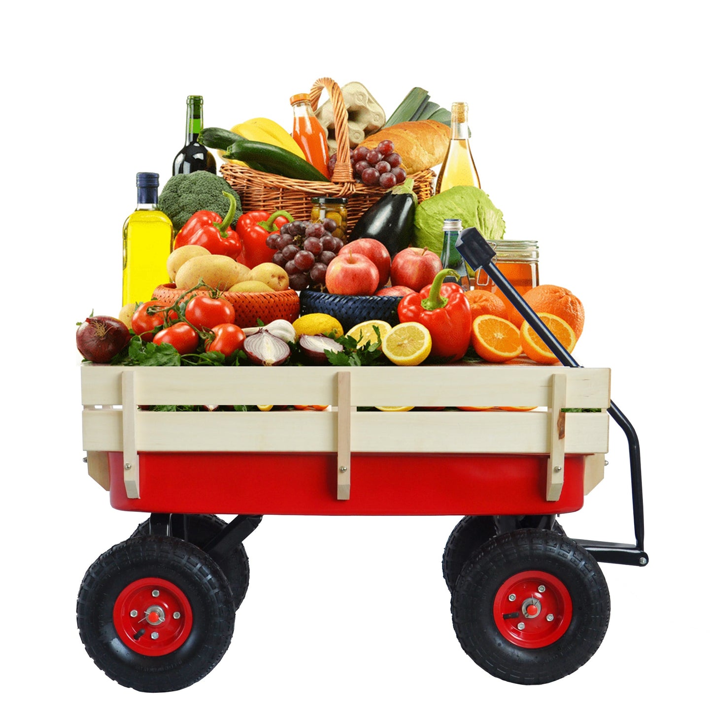 Outdoor Wagon All Terrain Pulling w/Wood Railing Air Tires Children Kid Garden（Red） - Korvel
