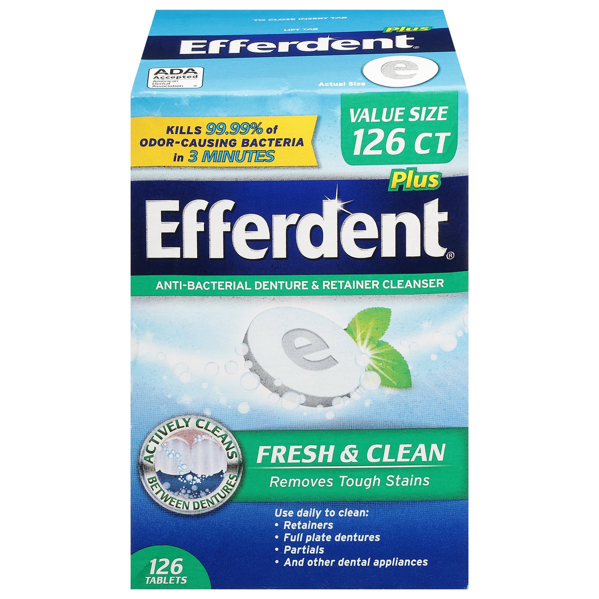 Efferdent Plus Nettoyant Antibactérien Frais et Propre pour Prothèses Dentaires - 126 Comprimés