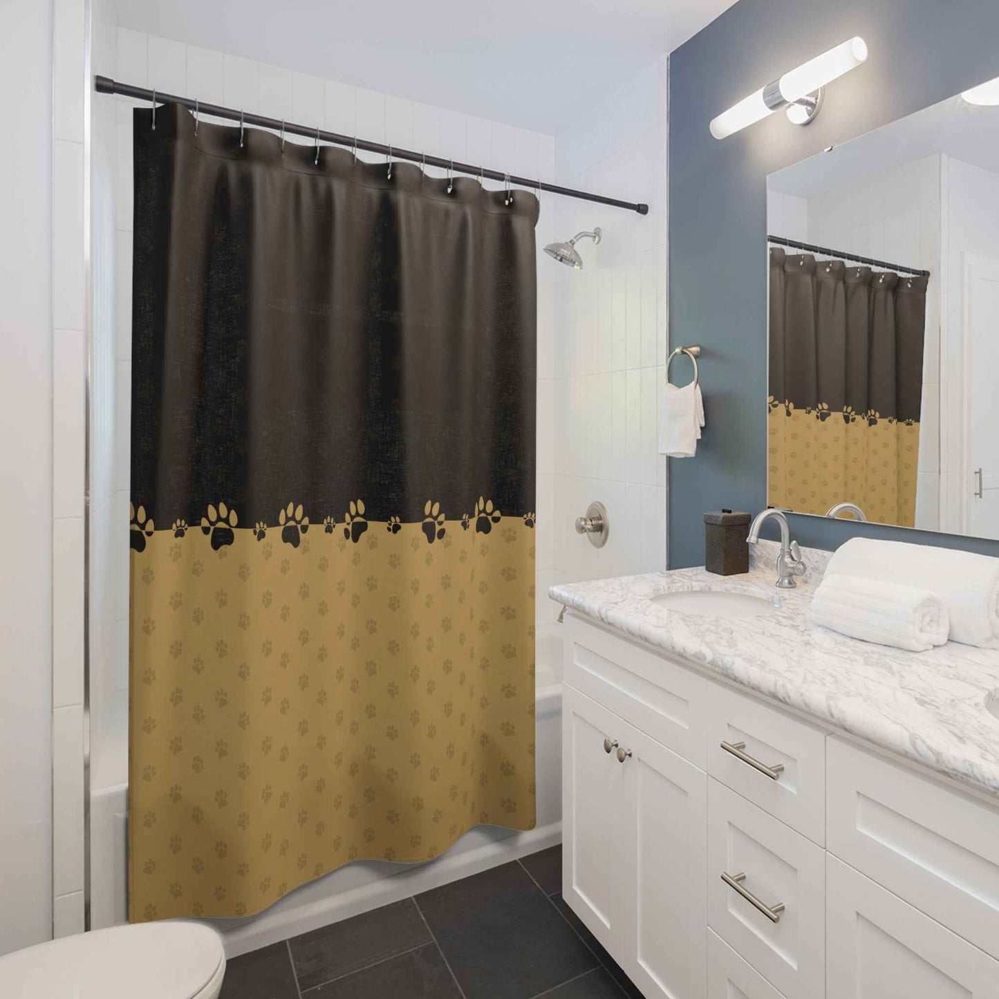Elegant Black & Gold Paw Print Shower Curtain