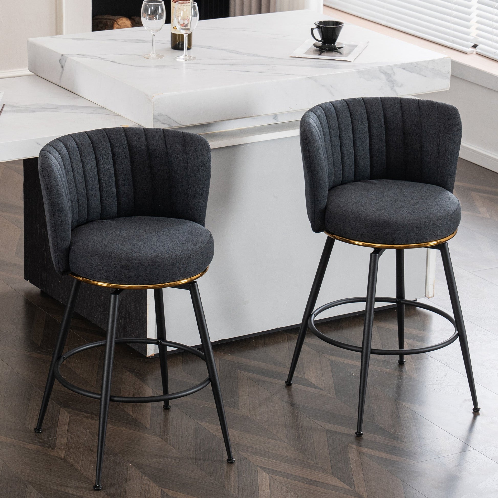 A set of 2 gray rotating bar stools - high backrest, adjustable, with elegant metal backrest decoration - Korvel