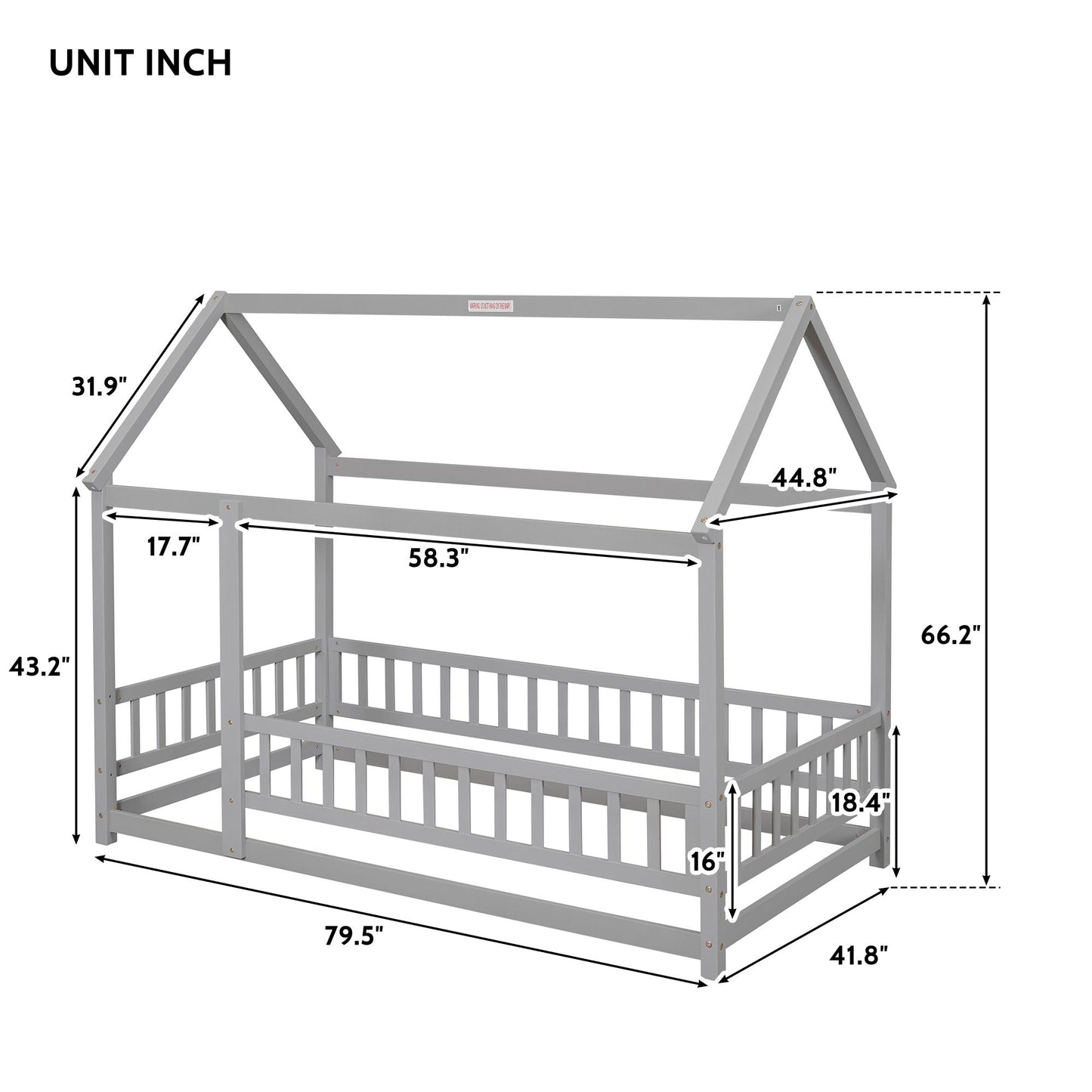 Twin Size Floor Wooden Bed with House Roof Frame, Fence Guardrails,Grey - Korvel
