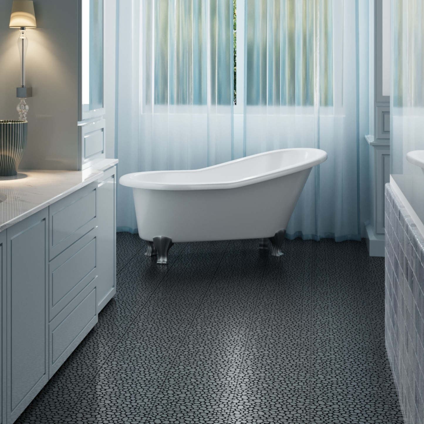 12 x 12 inch black interlocking deck tiles, plastic waterproofing, pebble pattern, pack of 12 - Korvel
