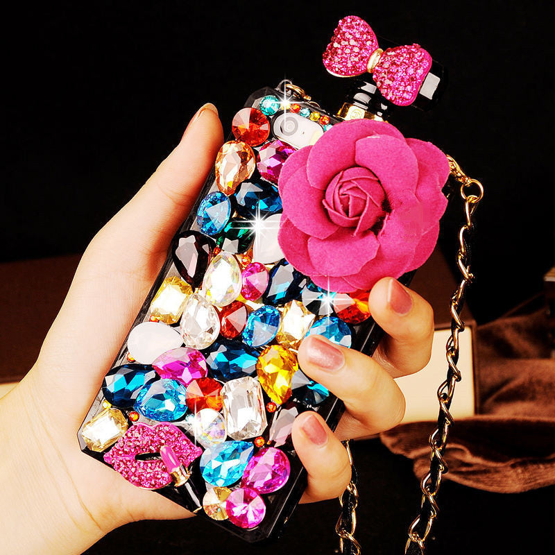 For iPhone 13 Pro Phone Cases Rhinestone 6 7 8 Plus Perfume Bottle Protective Cover Flower Lips Lanyard - Korvel
