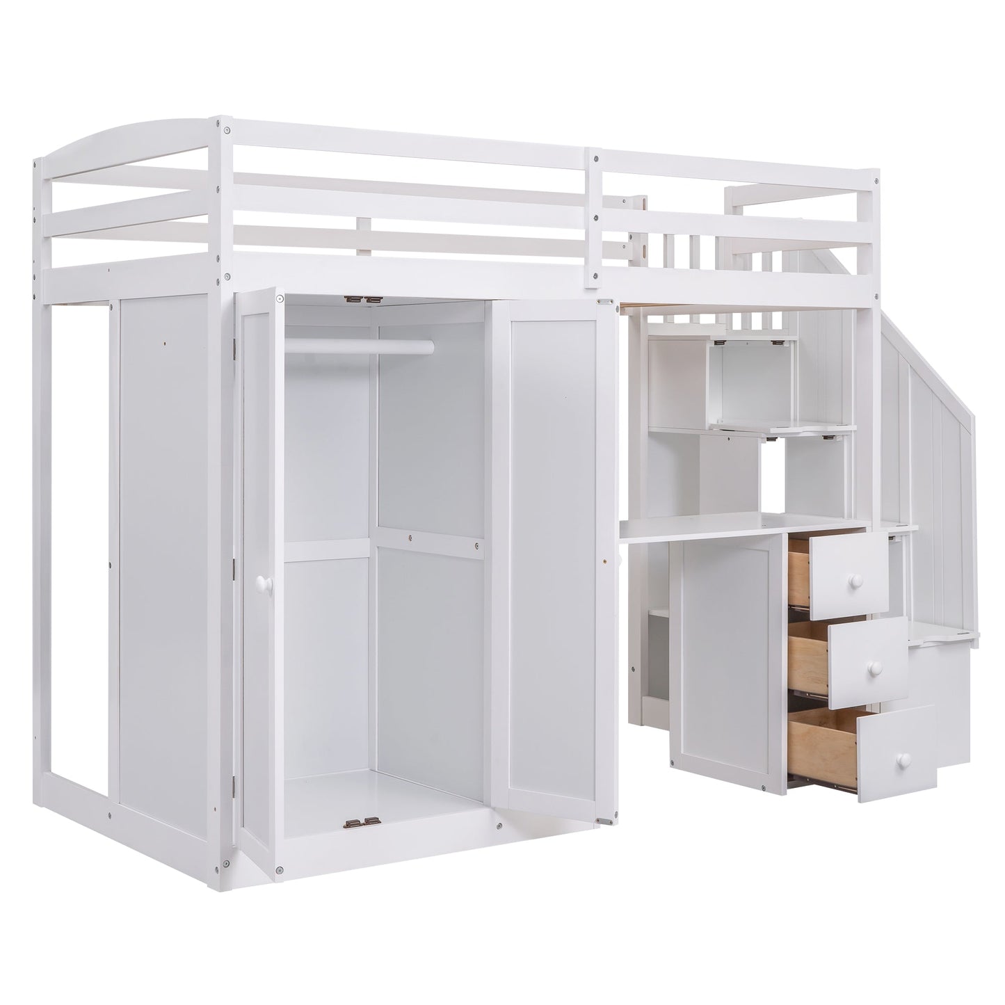 Elegant Twin Size Loft Bed with Wardrobe and Desk in White
