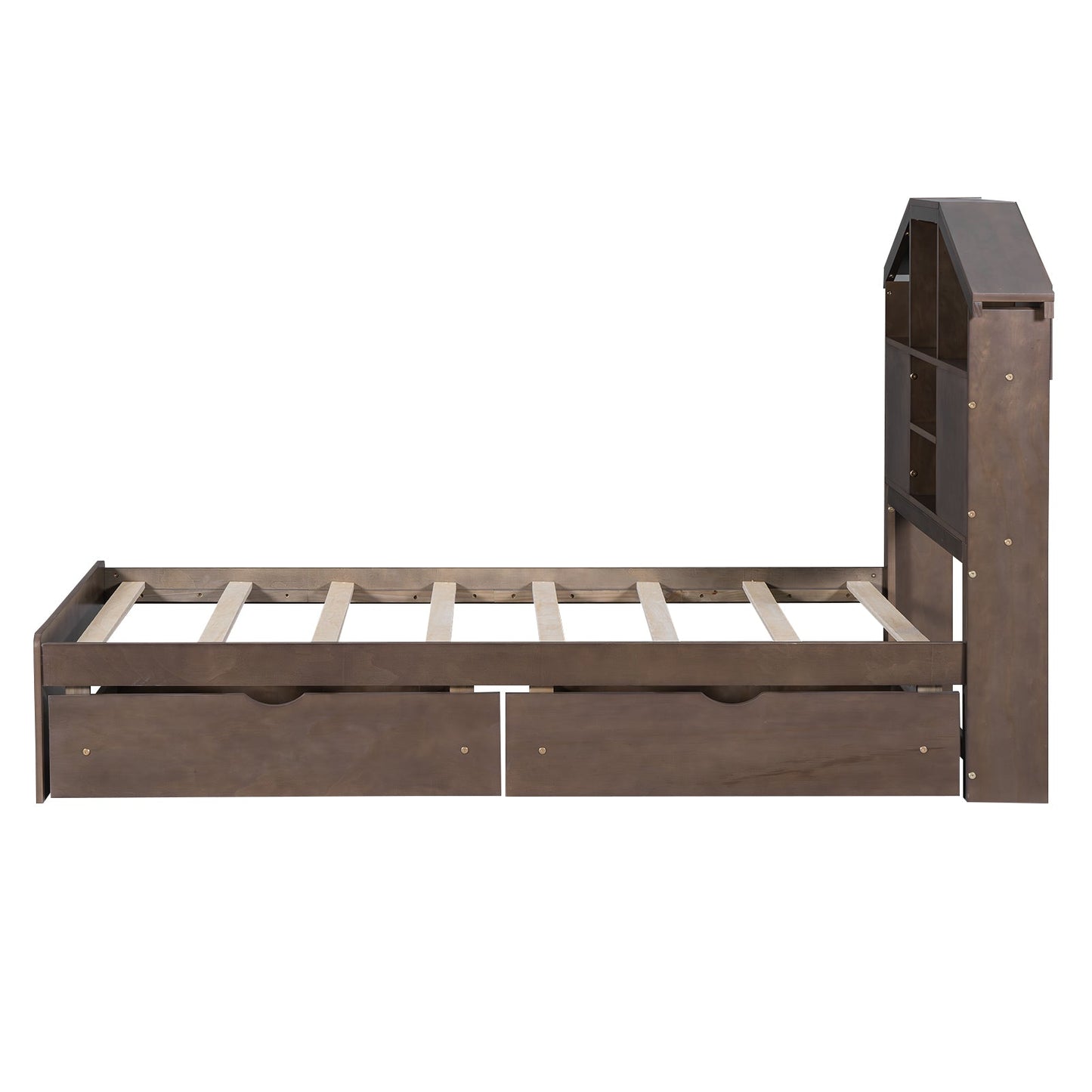 Twin Size Wood Platform Bed with House-shaped Storage Headboard and 2 Drawers Walnut - Korvel