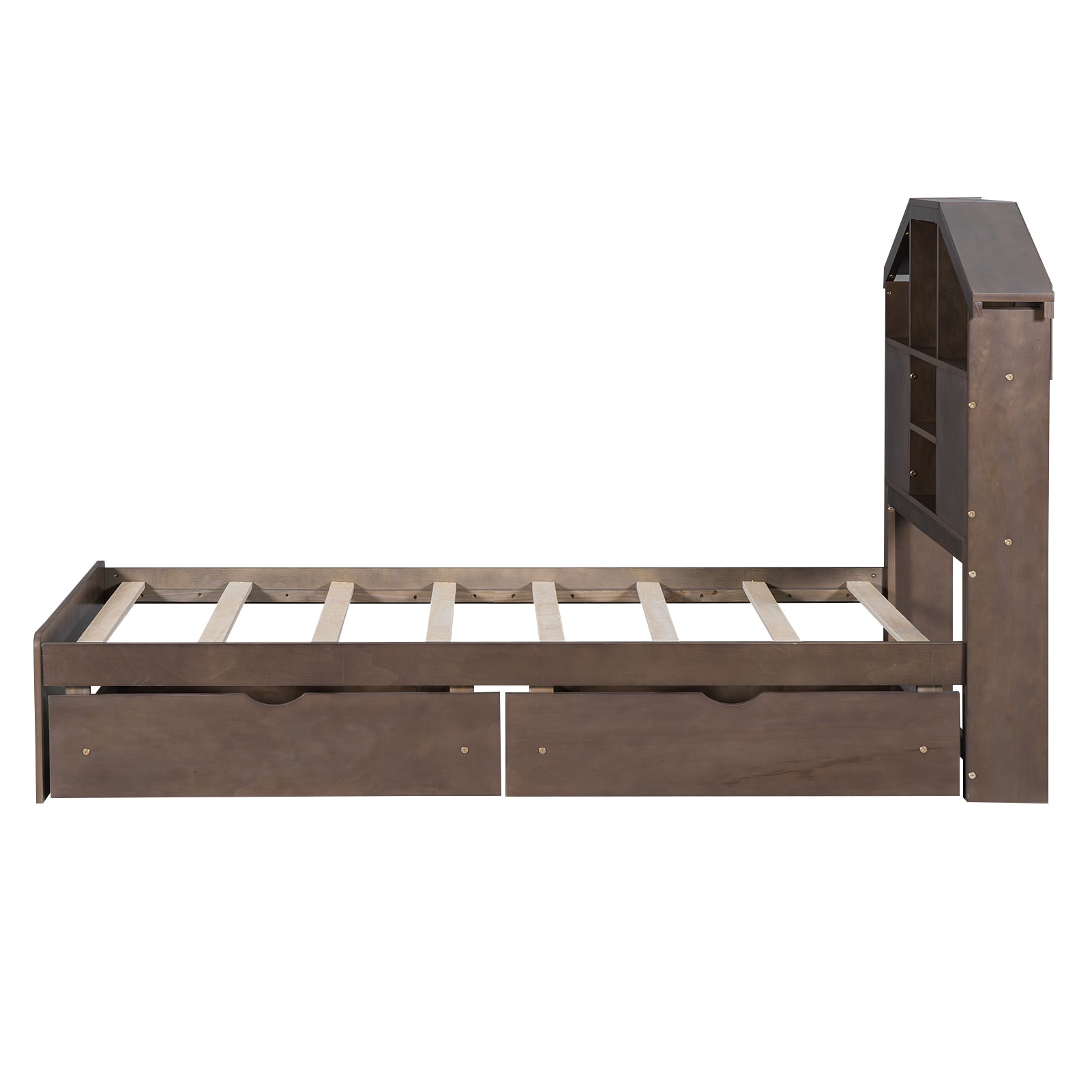 Twin Size Wood Platform Bed with House-shaped Storage Headboard and 2 Drawers Walnut - Korvel
