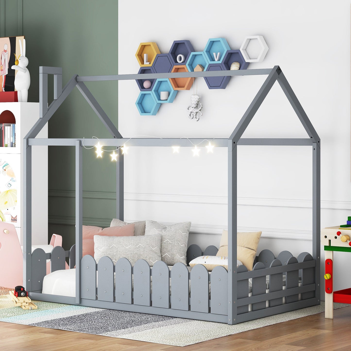 Cadre de lit en bois de taille twin avec clôture pour enfants - Gris