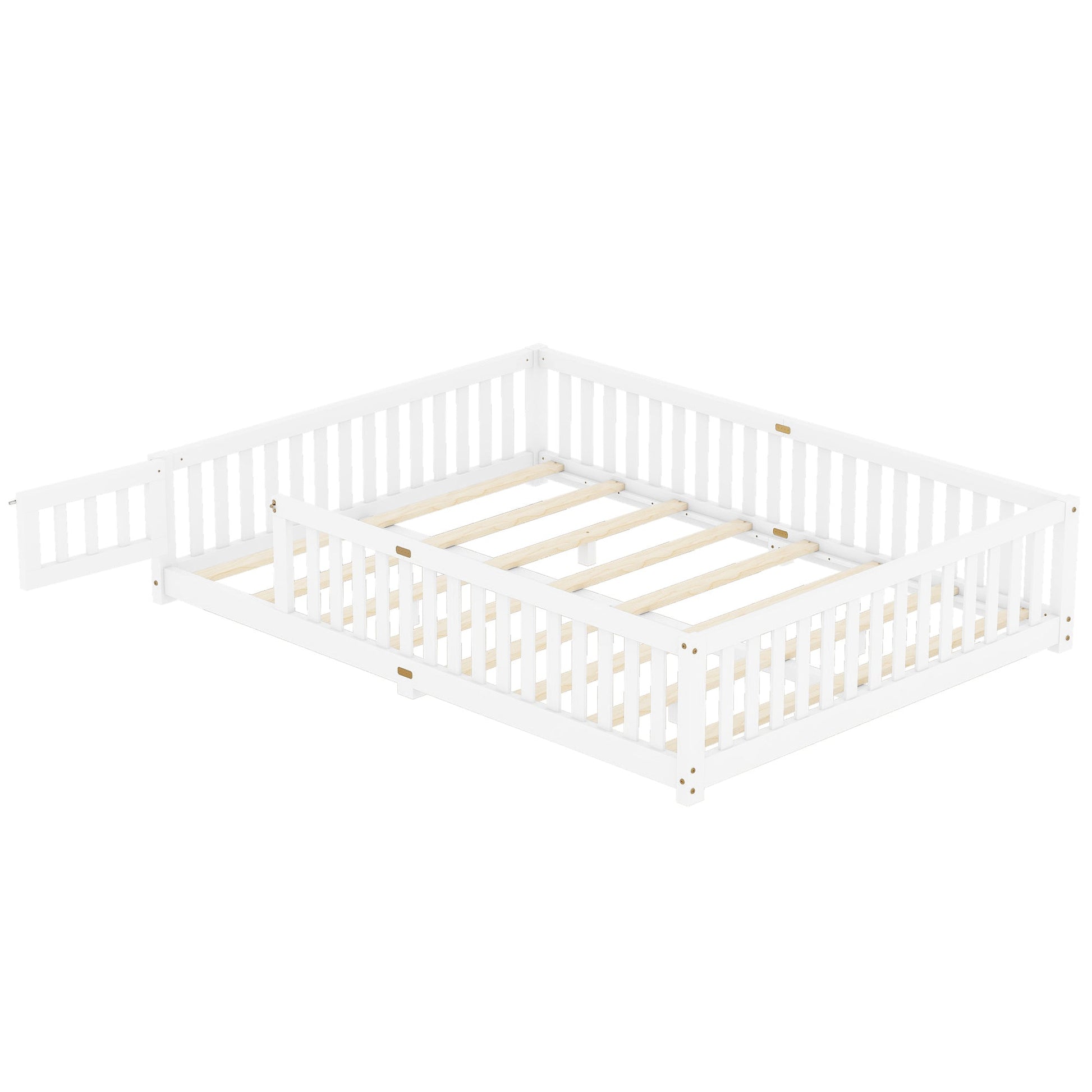 Queen Size Bed Floor Bed with Safety Guardrails and Door for Kids, White - Korvel