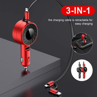 3-IN-1 Retractable Car Charger for iOS/Android/Type-C Devices