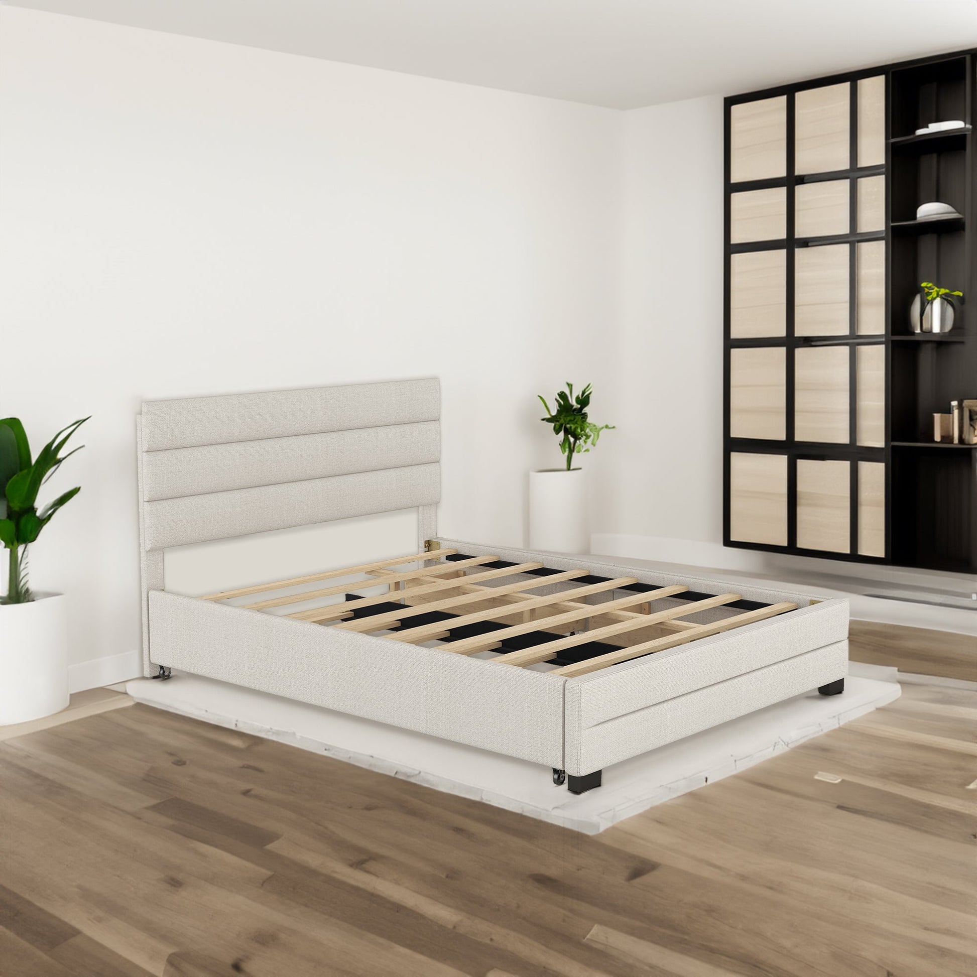Queen Upholstered Platform Bed with Twin Size Trundle and Two Drawers  Beige - Korvel