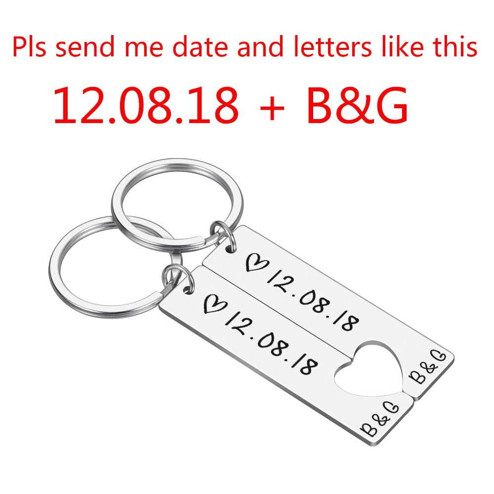 Personalized Heart Keychain Set  Engraved King Date and Name Love Keyring Gift for Couples Girlfriend Boyfriends Key Chain Rings - Korvel