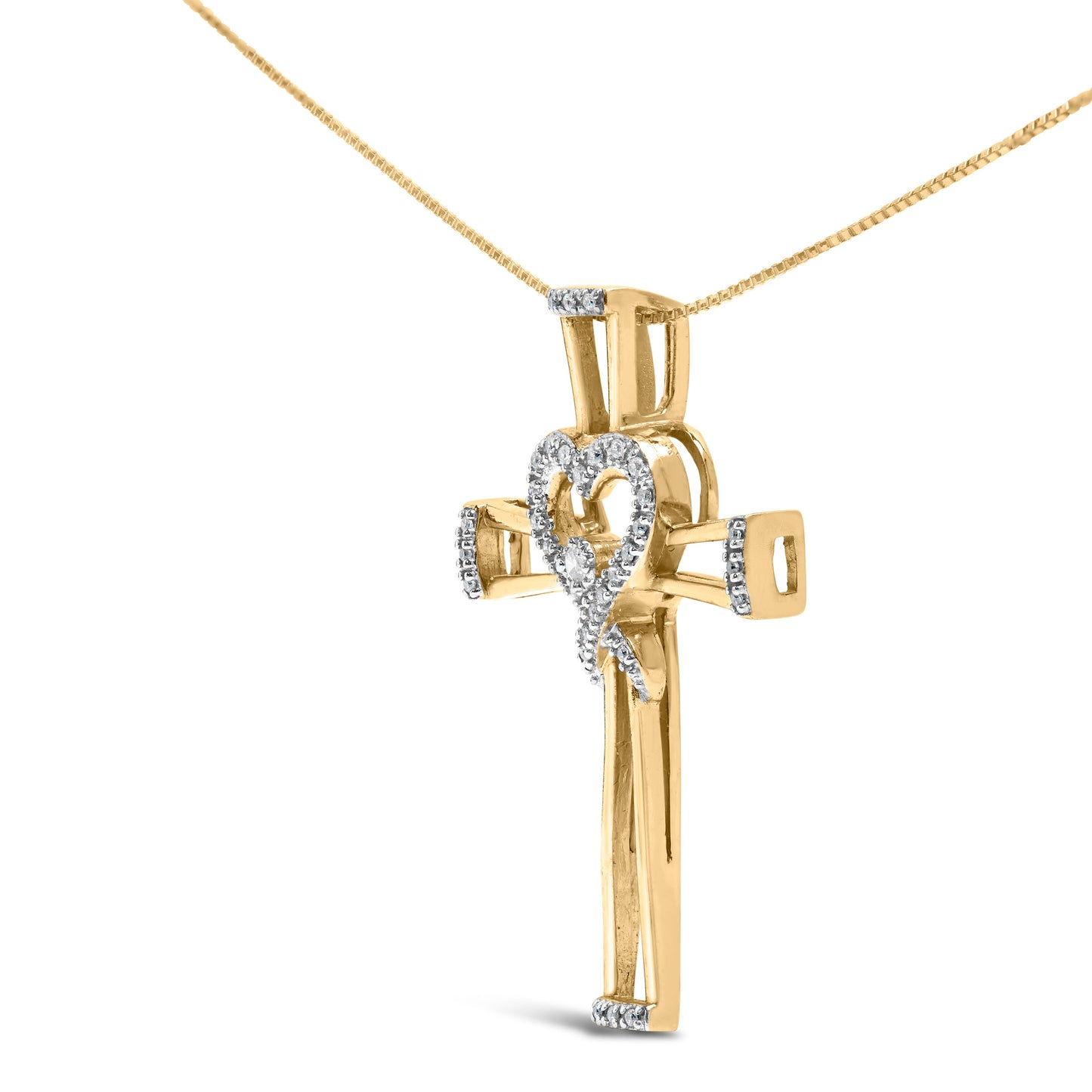 14K Gold Plated Sterling Silver Diamond Heart Cross Pendant Necklace