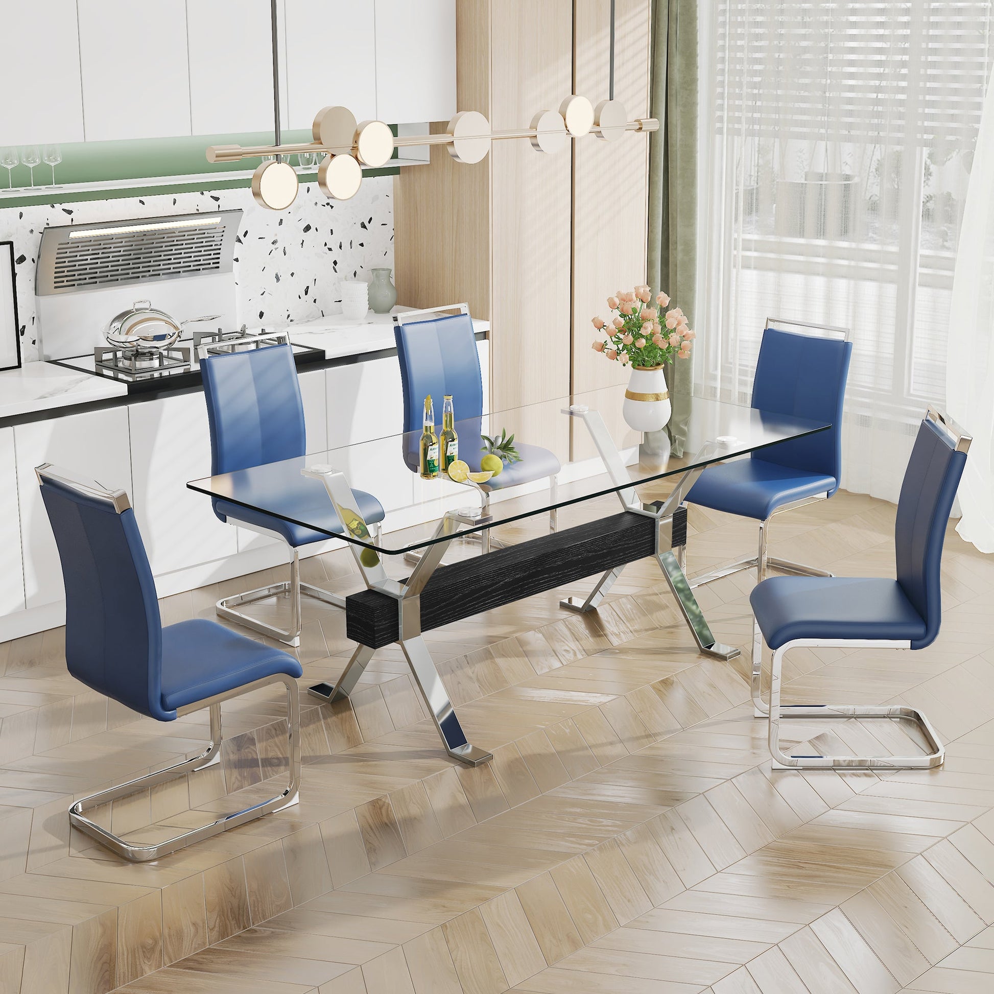 Dining table Modern tempered glass dining table Large modern office desk with silver plated metal legs and MDF crossbars - Korvel