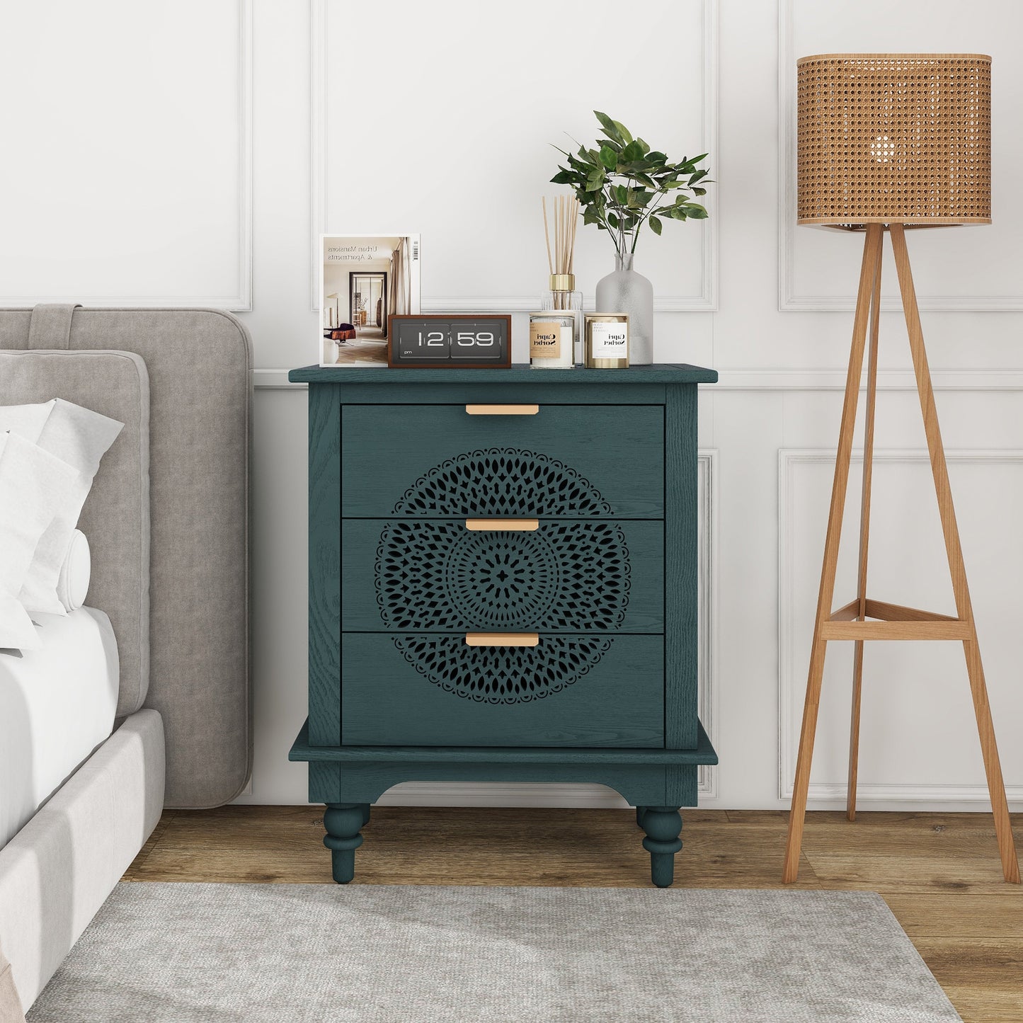 Commode de rangement à 3 tiroirs en bois creusé
