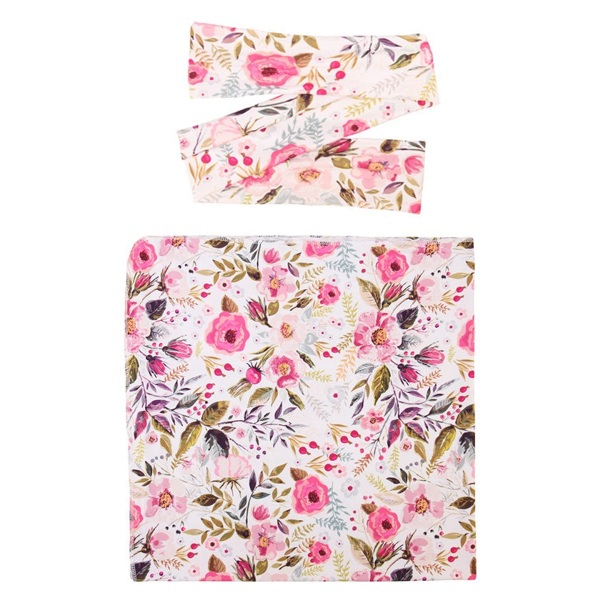 Newborn Photography Wrap Bow Hair Band Wrap Towel Set Baby Flower Blanket 2 Piece Set - Korvel