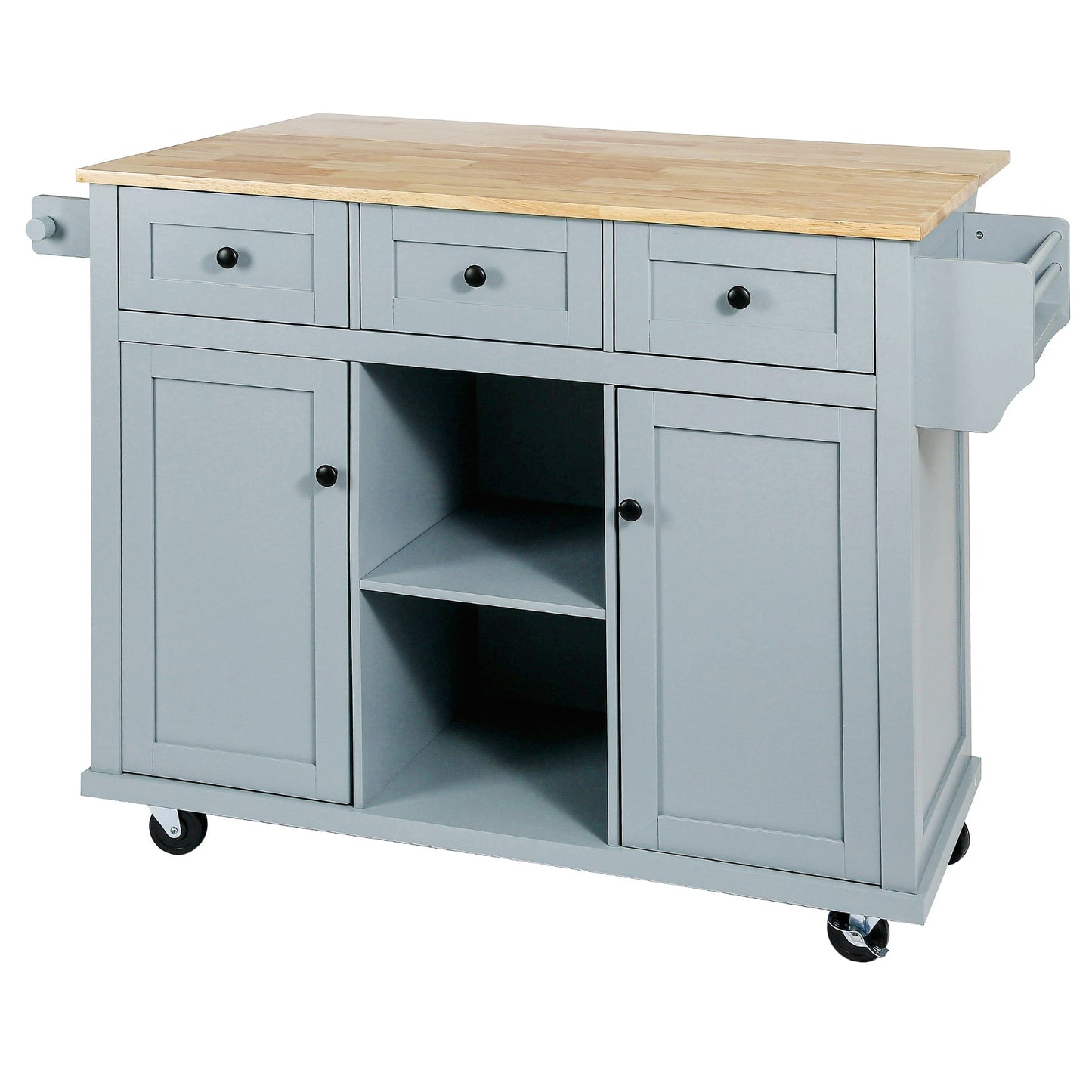 Kitchen handcart with rubber wood leaf countertop, storage cabinet, shelf, and 3 dining room drawers, gray blue - Korvel