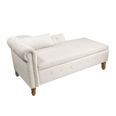 Beige Chaise Lounge Indoor Velvet Lounge Chair for Bedroom with Storage & Pillow Modern Upholstered Rolled Arm Chase Lounge - Korvel