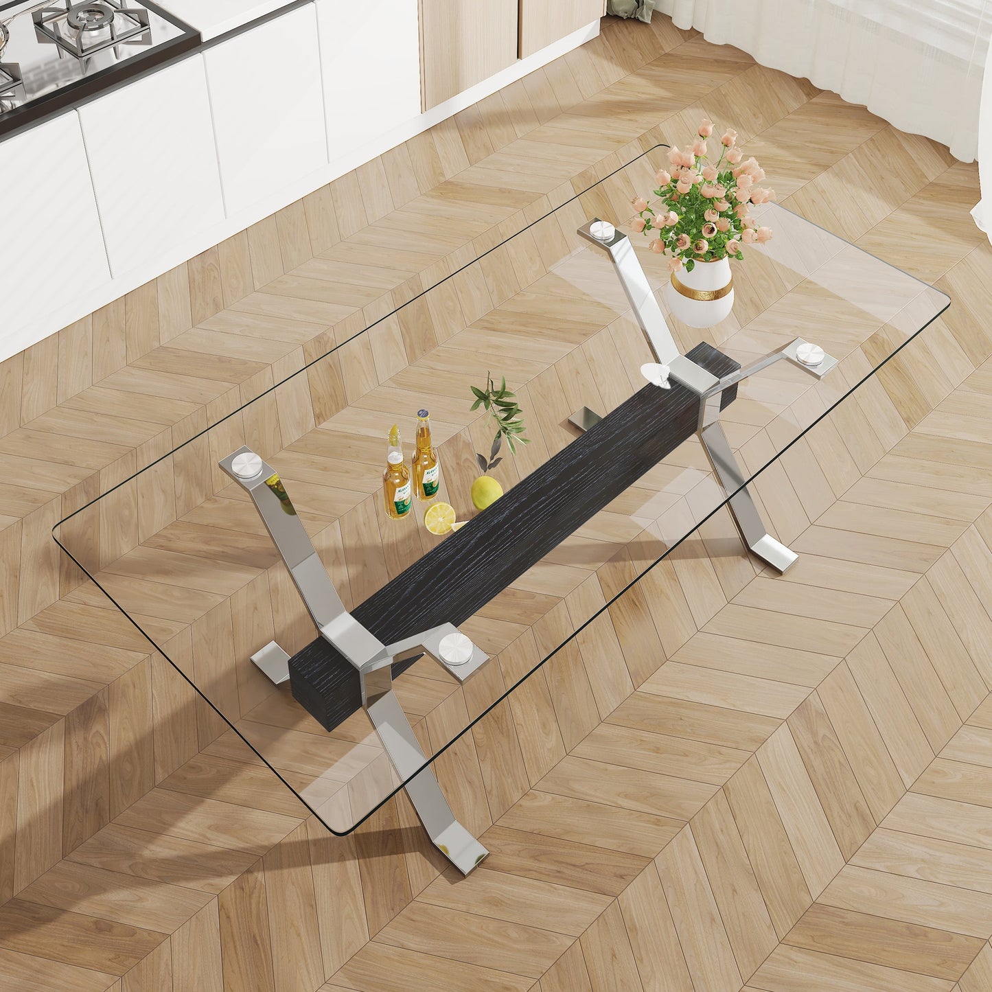 Dining table Modern tempered glass dining table Large modern office desk with silver plated metal legs and MDF crossbars - Korvel