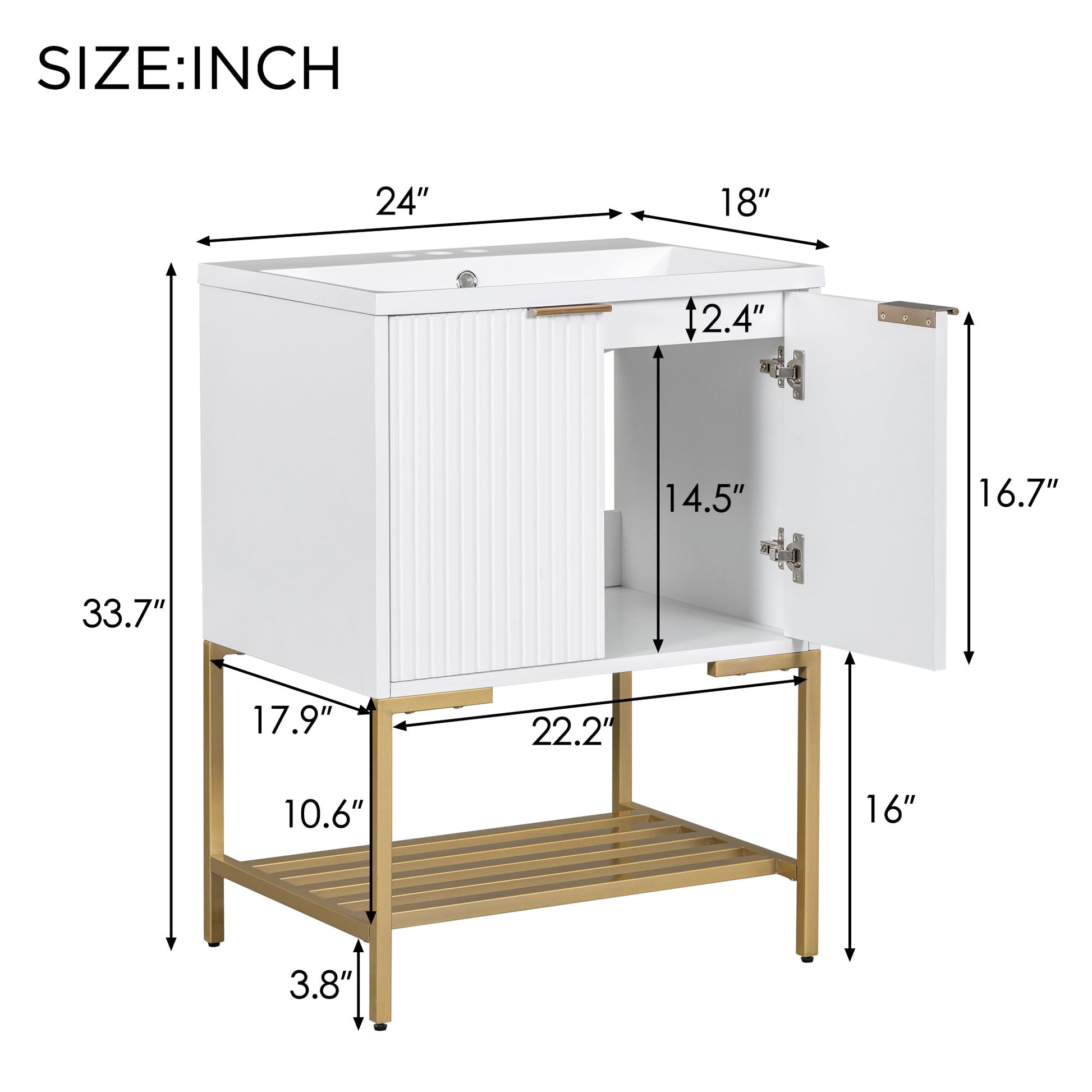 24" Bathroom Vanity with Sink, Bathroom Vanity Cabinet with Two Doors and Gold Metal Frame, Open Storage Shelf, White - Korvel