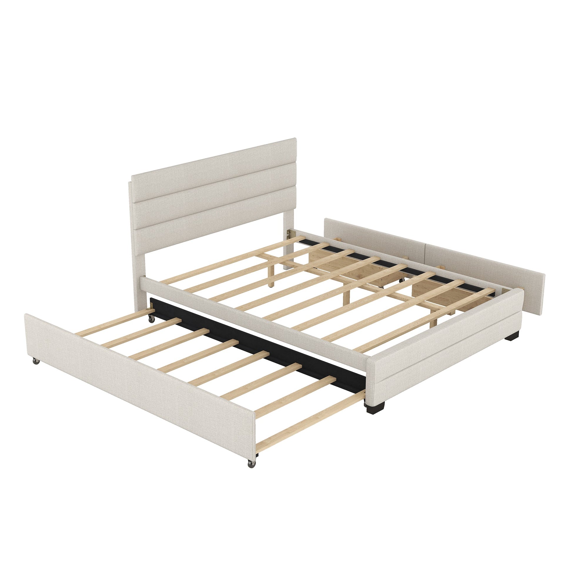 Queen Upholstered Platform Bed with Twin Size Trundle and Two Drawers  Beige - Korvel