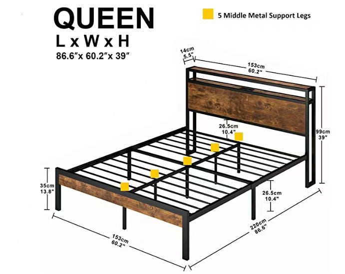 Queen Size Metal Platform Bed Frame with Wooden Headboard and Footboard with USB LINER - Korvel