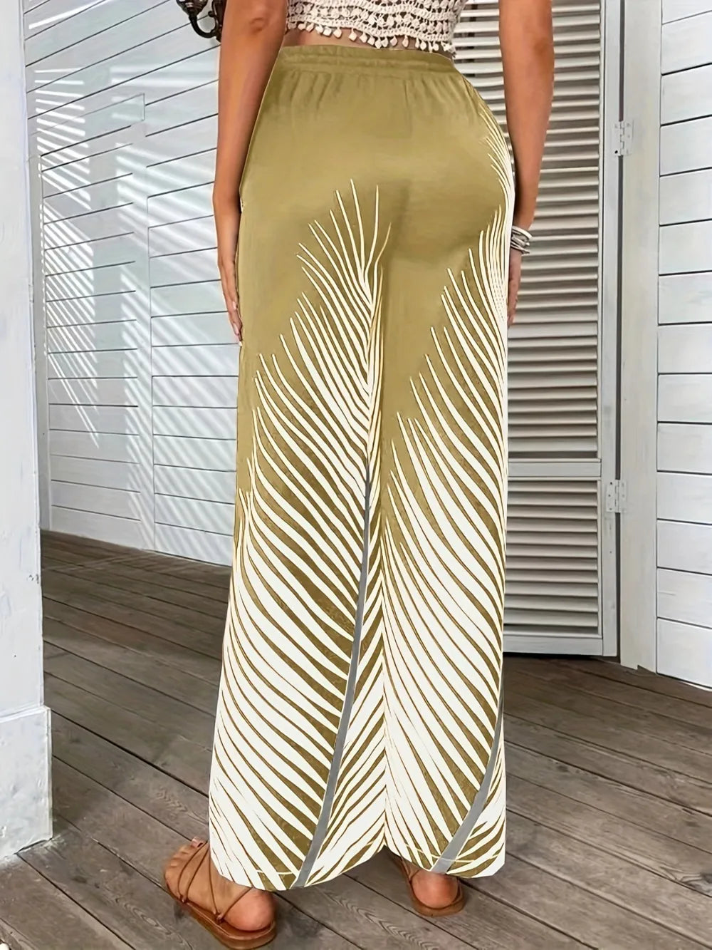 Elegant Striped Leaf Print Wide Leg Pants for Women