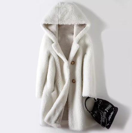 Women's Mid-Length Hooded Coat in Composite Leather and Fur