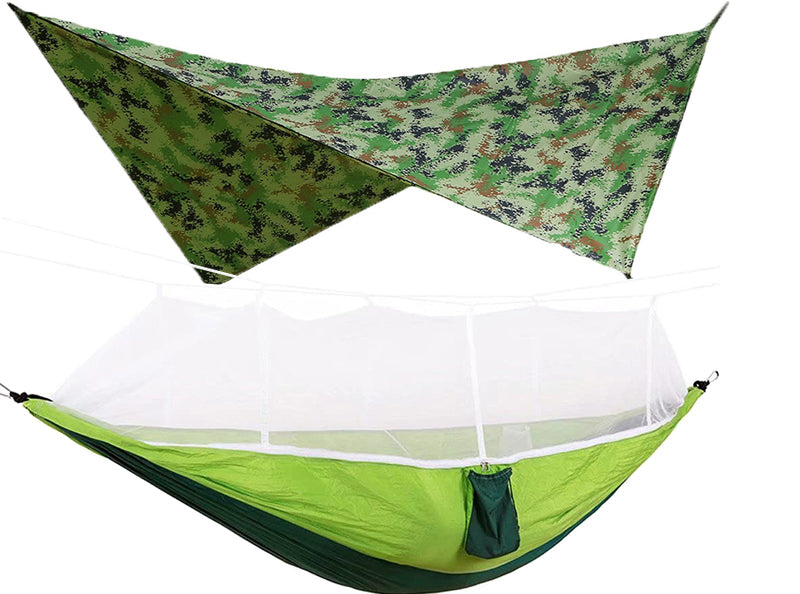 260x140cm Outdoor Double Camping Hammock with Mosquito Net and Rain Fly Tarp Lightweight Parachute Hammocks for Travel Hiking - Korvel
