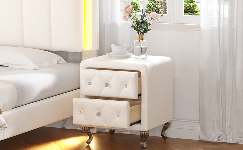 Elegant PU bedside table with 2 drawers and crystal handles, storage with metal legs - white - Korvel