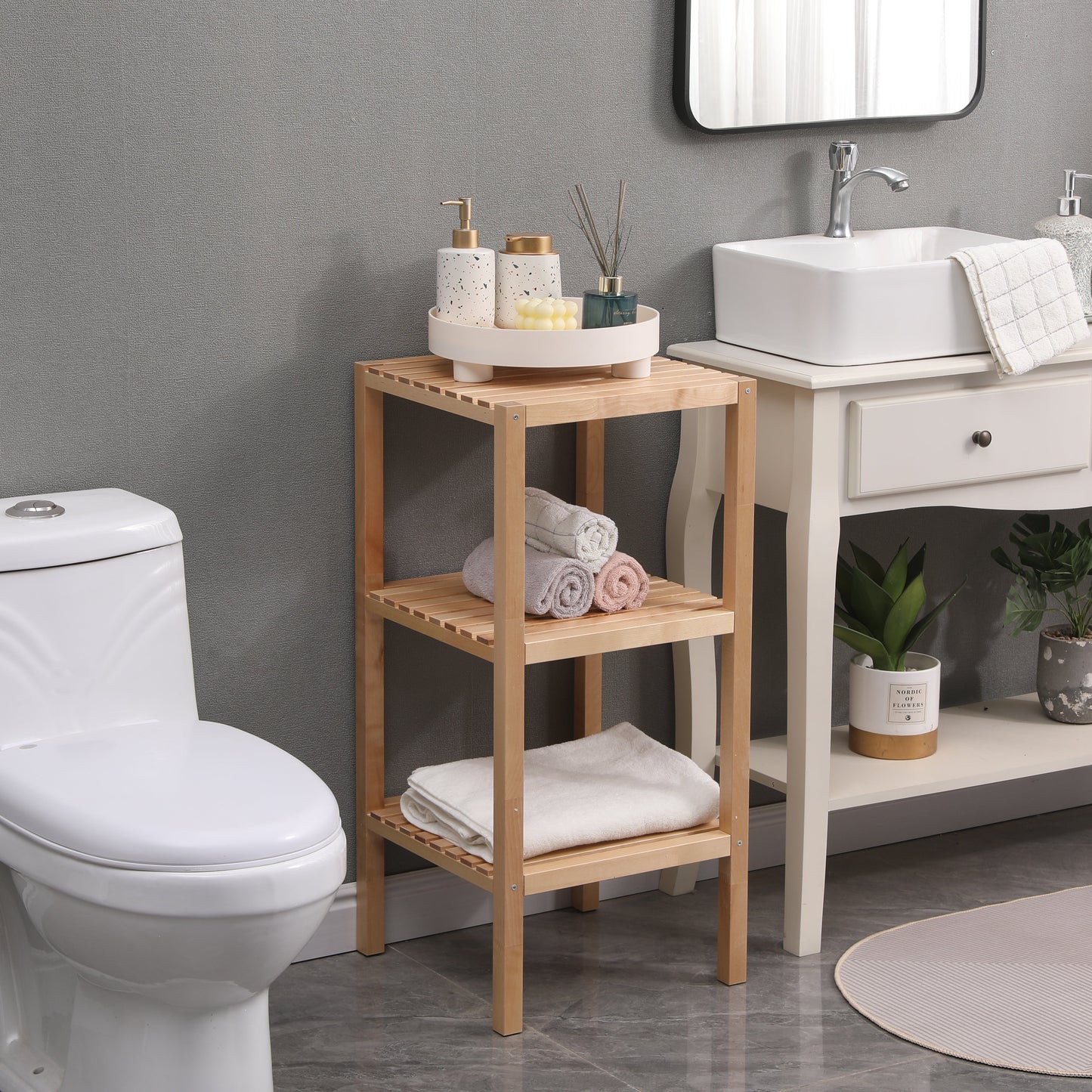 3-Tier Birch Bathroom Shelf, Narrow Shelving Unit, Multifunctional Storage Rack, Corner Rack, for Kitchen, Living Room - Korvel