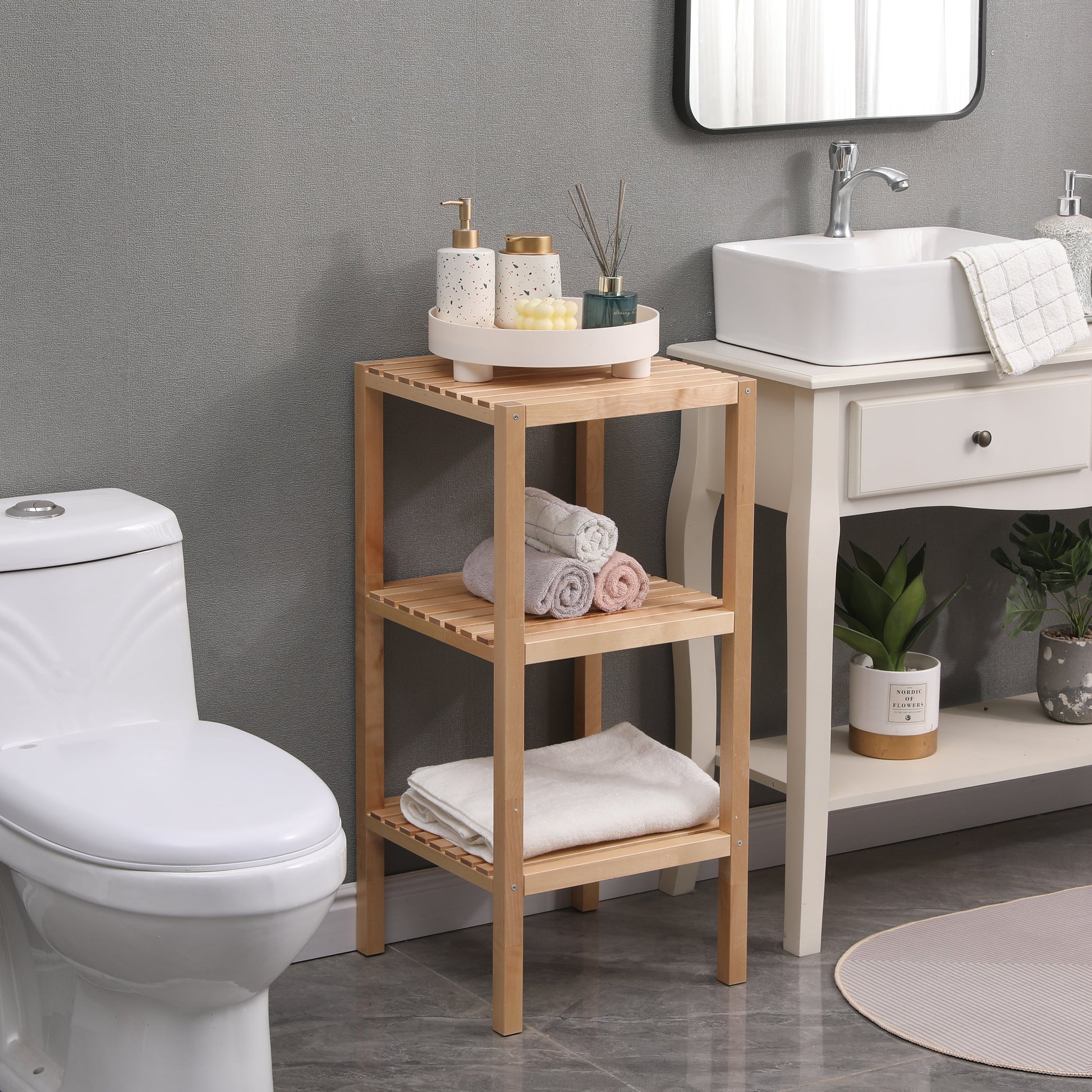 3-Tier Birch Bathroom Shelf, Narrow Shelving Unit, Multifunctional Storage Rack, Corner Rack, for Kitchen, Living Room - Korvel