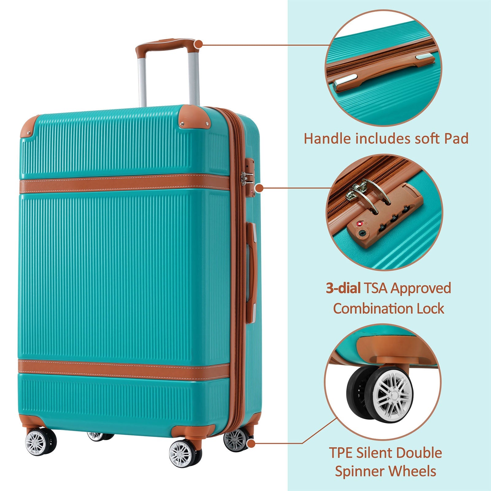 Hardshell Luggage Sets 3 Piece double spinner 8 wheels Suitcase with TSA Lock Lightweight 20''24''28'' Green + ABS - Korvel