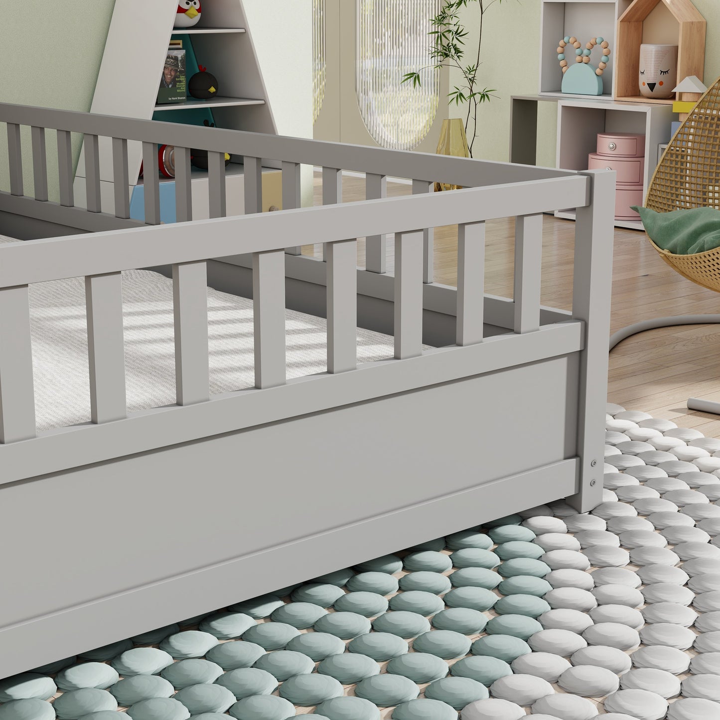 Full size floor bed, children's floor bed frame, Montessori wood floor bed, support Flat noodles gray - Korvel