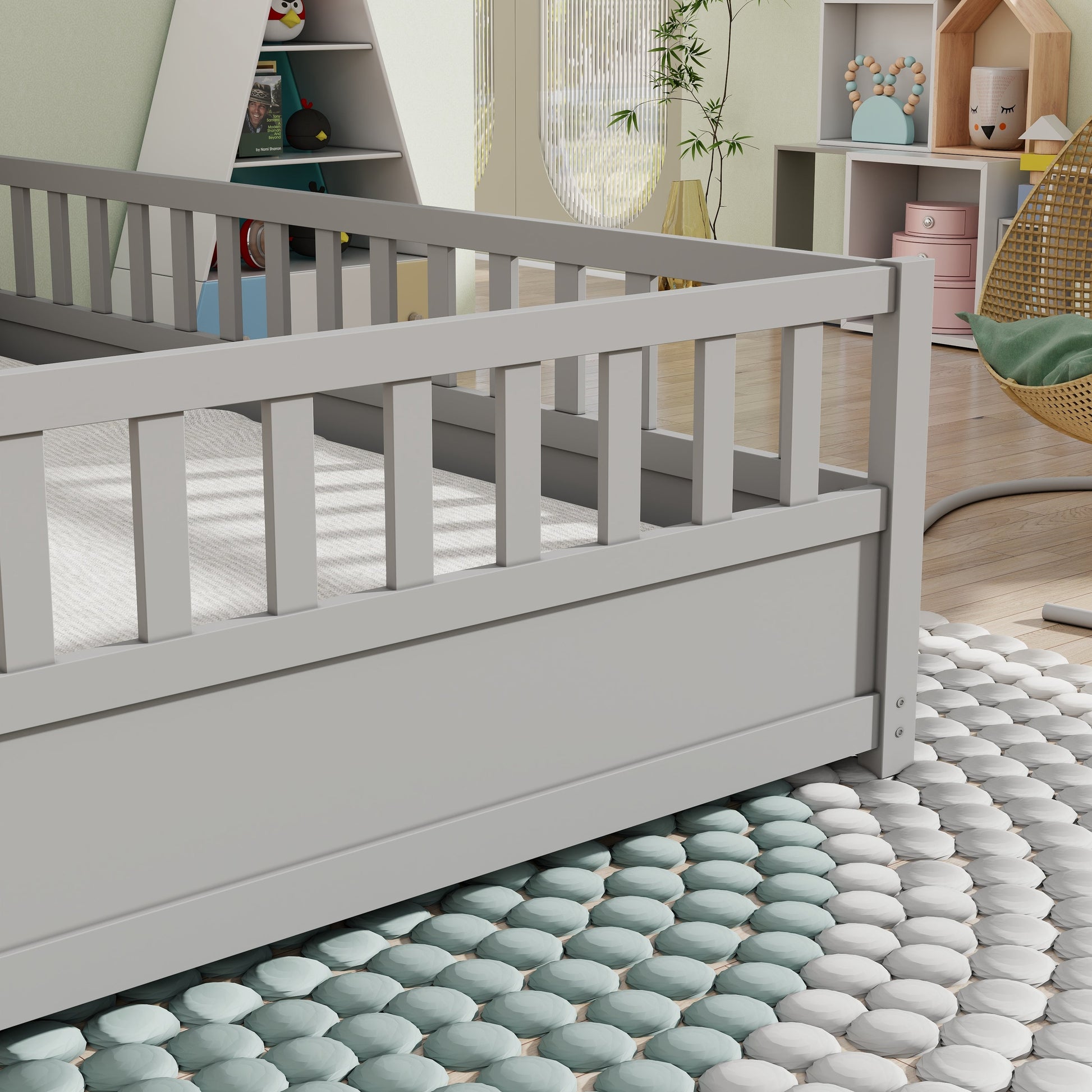 Full size floor bed, children's floor bed frame, Montessori wood floor bed, support Flat noodles gray - Korvel