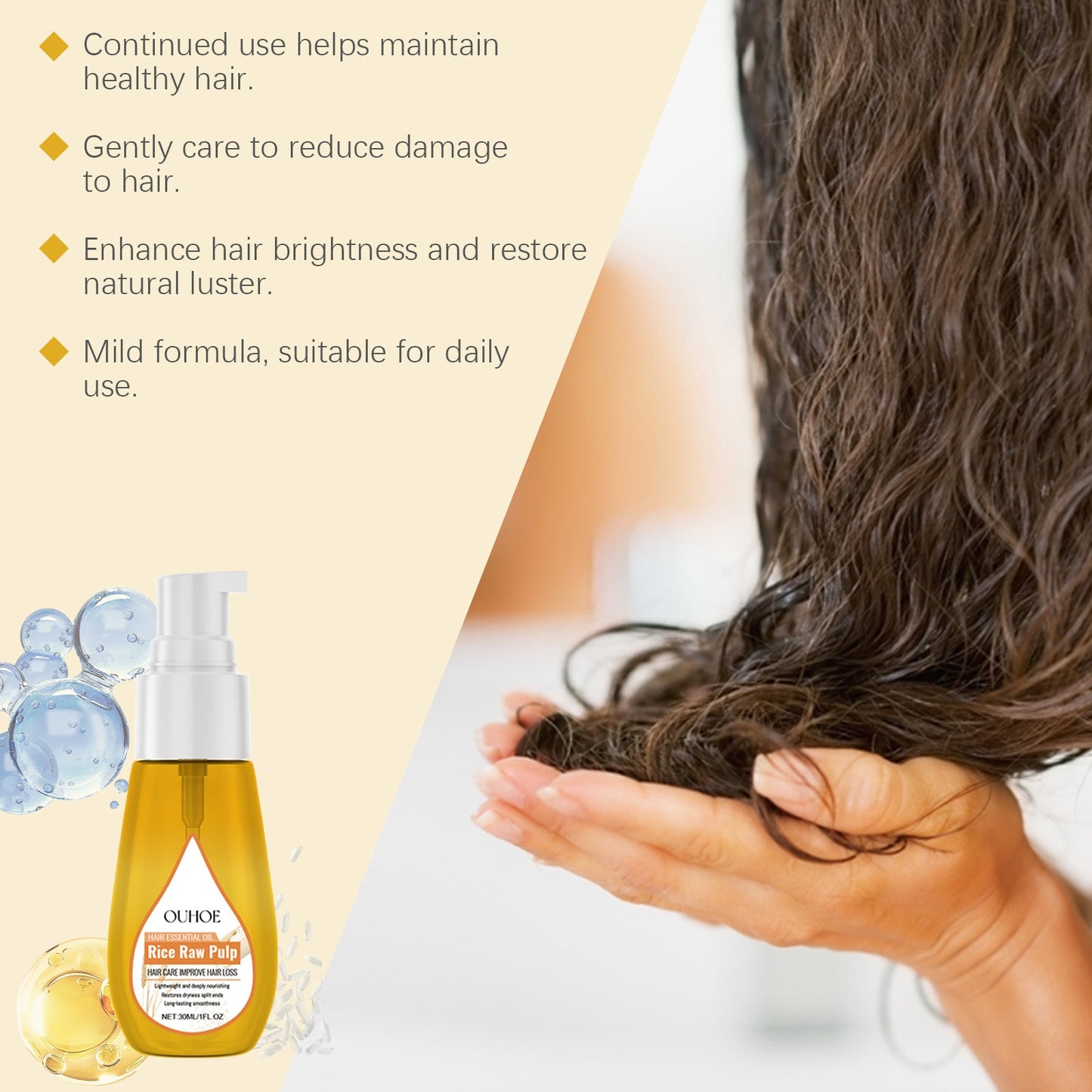 Rice Wash Water Hair Care Oil Repair Hair End Moisturizing Hair Natural Fluffy, Smooth And Glossy Hair Care Essential Oil - Korvel