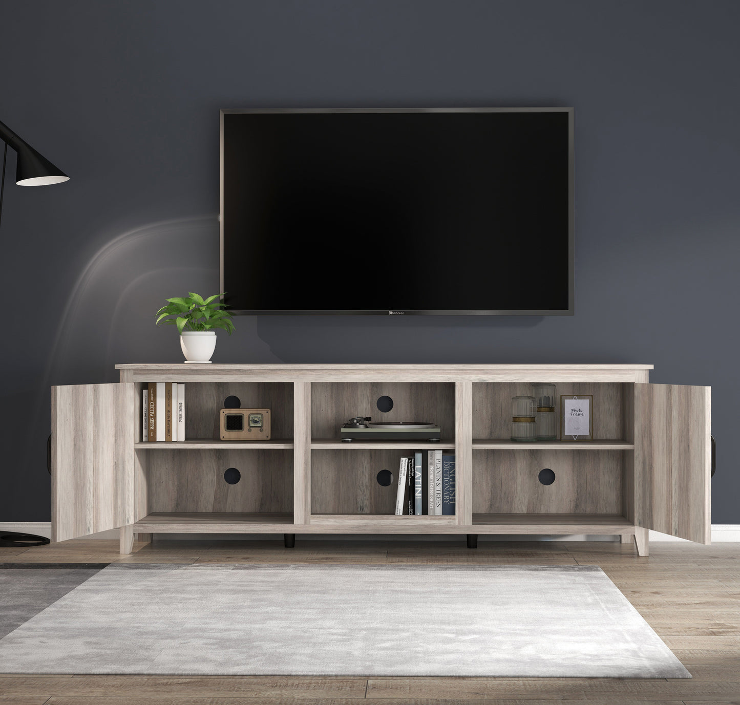 Grey Walnut TV Stand Storage Media Console with Two Doors