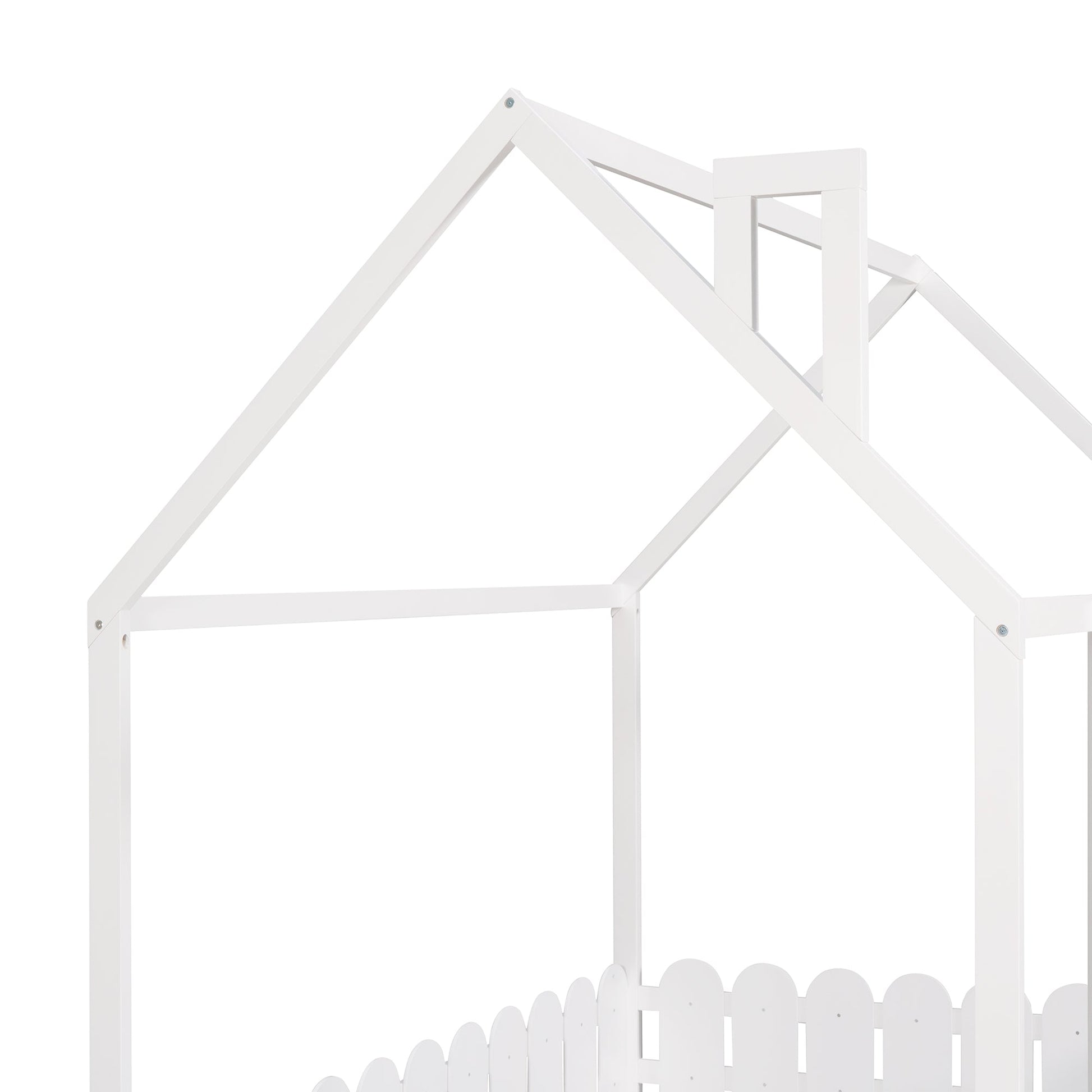 (Slats are not included) Full Size Wood Bed House Bed Frame with Fence for Kids Teens Girls Boys (White ) - Korvel
