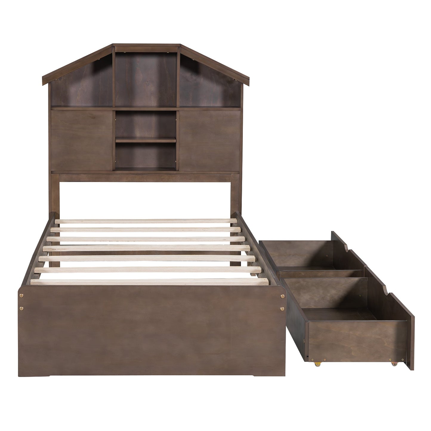 Twin Size Wood Platform Bed with House-shaped Storage Headboard and 2 Drawers Walnut - Korvel